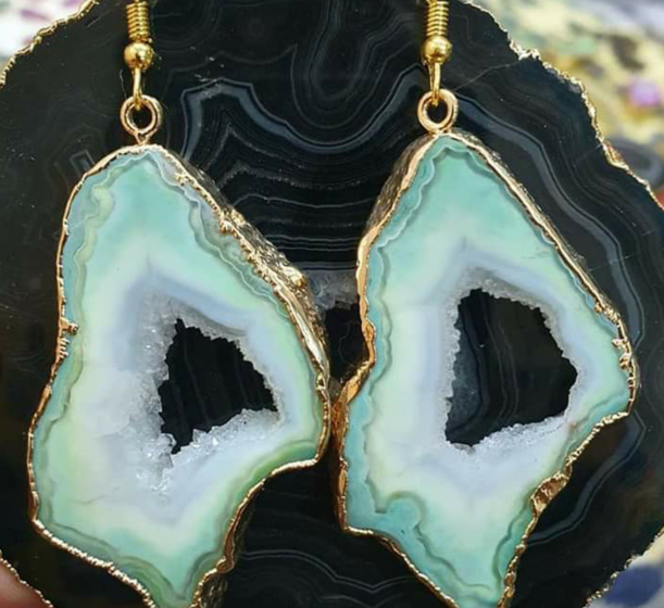 Agate Slice Gemstone Earing Set Sky Blue