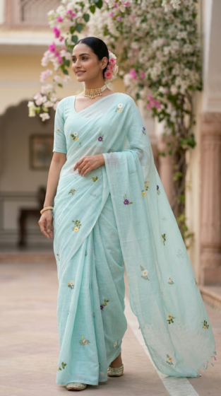 Aqua Blue Mulmul Cotton Saree with Multi-Color Floral Embroidery - Premium Soft Ethnic Wear