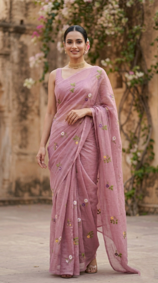 Onion Pink Mulmul Cotton Saree with Multi-Color Floral Embroidery - Premium Soft Ethnic Wear
