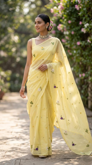 Lemon Yellow Mulmul Cotton Saree with Multi-Color Floral Embroidery - Soft Summer Elegance