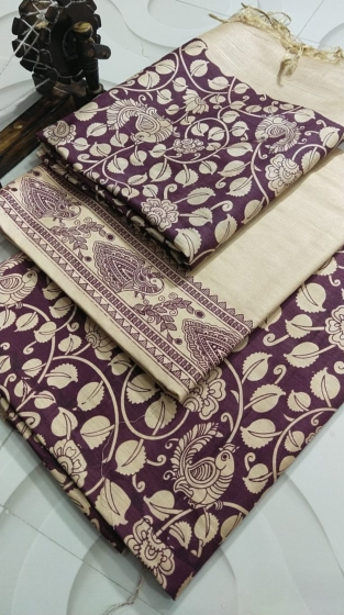 Premium Kalamkari Printed Suit Set in Kataan Slub Fabric - 3 Piece Unstitched Collection