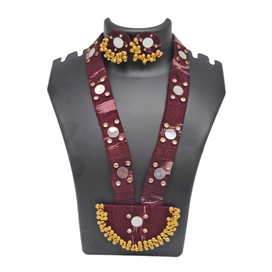 Handmade Sambalpuri Maroon Fabric Necklace and Earring Set