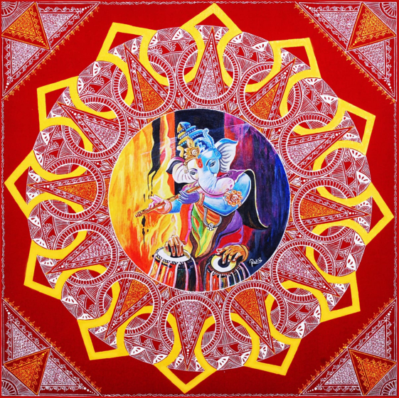 Handcrafted Aipan Art Muscial Ganesh Painting