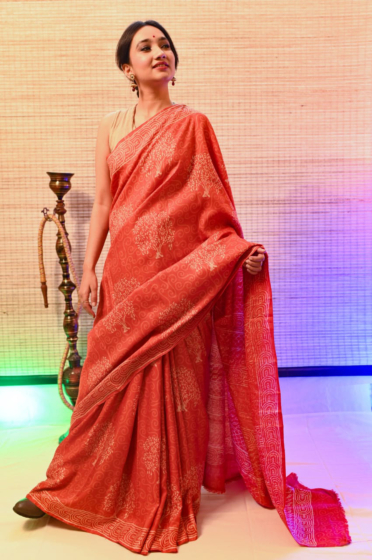 Hand Block Printed Saree on Pure Handloom Mulberry Silk Fabric 