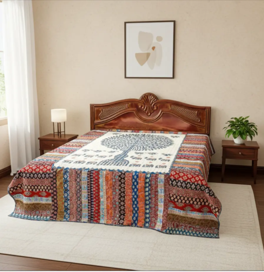 Multicolor Patchwork & Embroidered Tree Double Bedsheet | Decorative Bedding