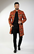 Black Long Woolen Jacket with Red-Orange Embroidery