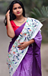 Linen Embroidery Saree Half & Half Design with Plain Border & Running Blouse - 100 Count Premium Linen