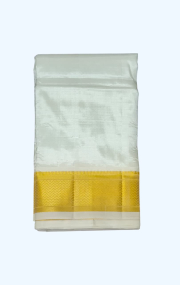 Art Silk Dhothi with Golden Zari Diamond Tower Border | Cream | AS 489
