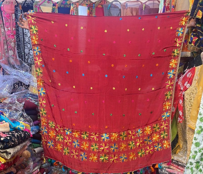 Red colour 1 Pure chinon Chiffon base Hand Embroided Phulkari Dupatta