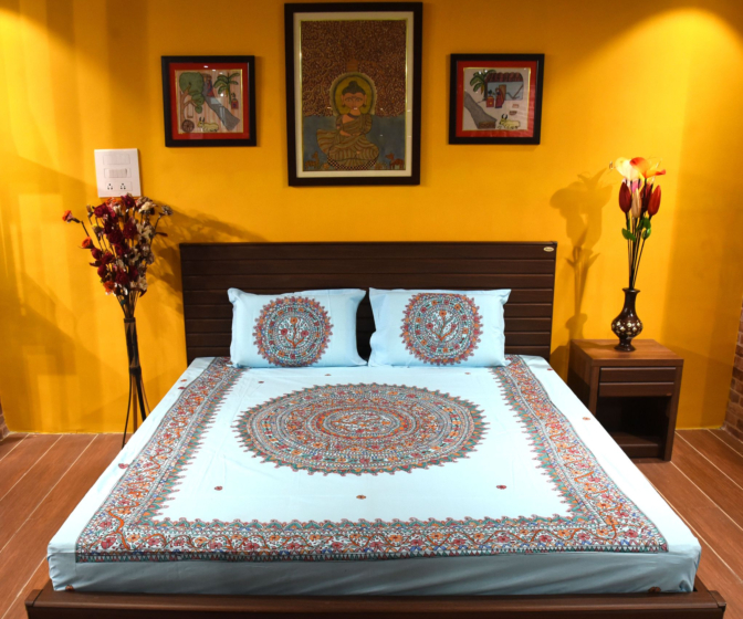Madhubani Cotton Double Bedsheet with pillow cover
