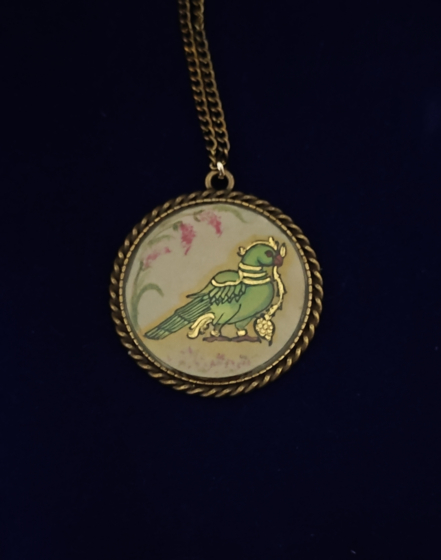 Microminiature Mysore Ganjifa Painted Pendant - Parrot Design