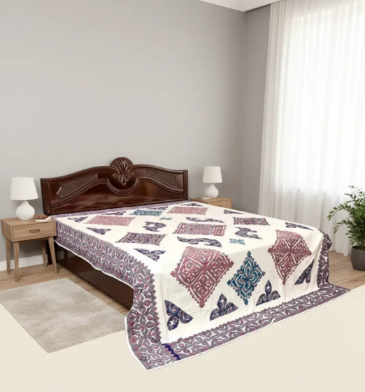 Cream Applique Patchwork Double Bedsheet | Decorative Bedding