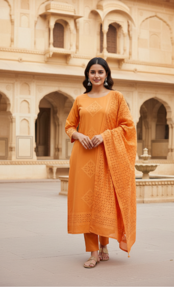 Cotton Applique Cutwork Unstitched 3 Piece Set in Orange