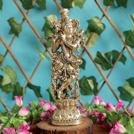Brass Krishna Idol for Home Decor | Lord Krishna Murti for Pooja Room | Decorative Brass Statue, BH11091