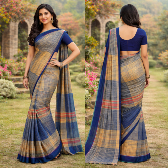 Gamcha saree with basket design Blue & white