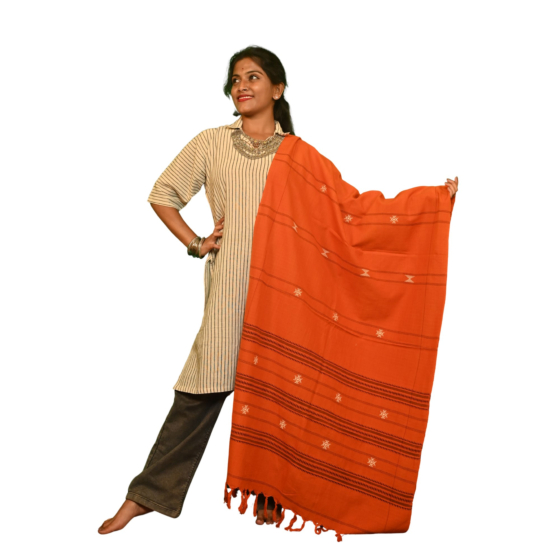 Authentic Kotpad Cotton Dupatta | Burnt Orange with Tribal Motifs & Woven Stripes | Handwoven Koraput Odisha