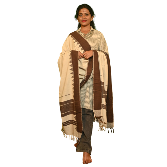 Authentic Kotpad Handwoven Pata Silk Dupatta | Natural Beige with Brown Geometric Border | Tribal Craft from Koraput, Odisha