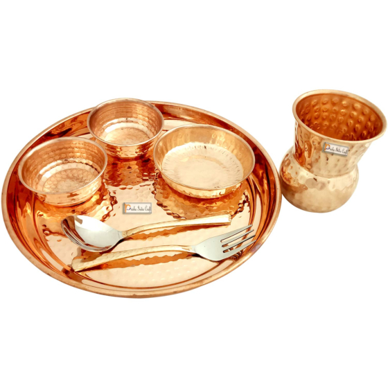 Prisha India Craft Pure Copper Hammered Design Dinner Thali Set 