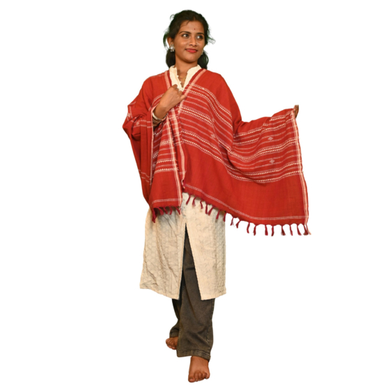 Kotpad Handwoven Cotton Dupatta | Deep Red with Tribal Stripes | Natural Dye