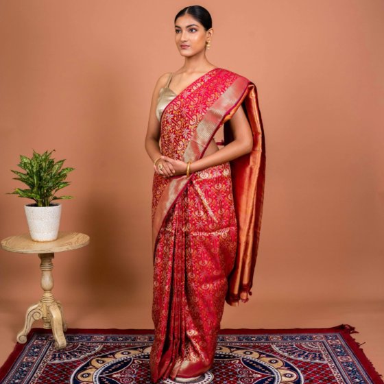 Shikargah Tanchhoi Handwoven Banarasi Silk Saree in Regal Red