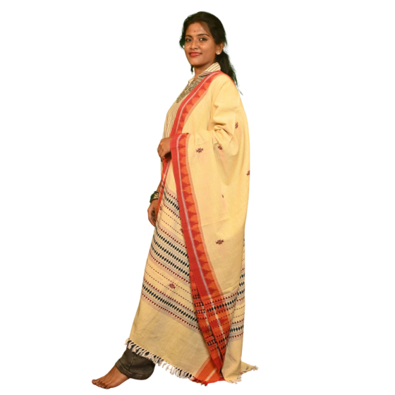 Authentic Kotpad Handwoven Tussar Dupatta | Natural Beige with Red Tribal Border & Geometric Motifs | Odisha Handloom