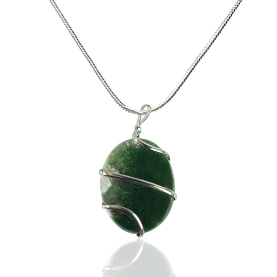 Reiki Moss Agate Pendant Oval Wire Wrapped Pendant with Metal Chain