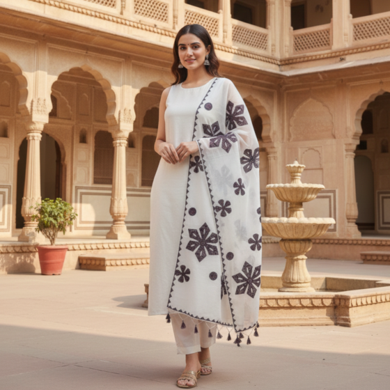 Floral Contrast White Ajrakh Patchwork Dupatta