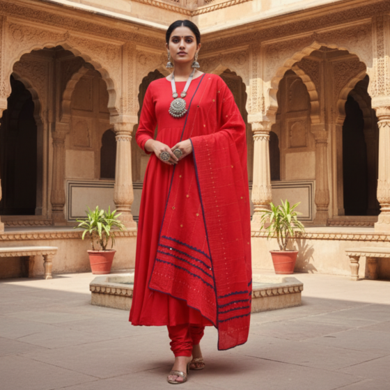 Red Embroidered Dupatta | Minimal Ethnic Casual Stole