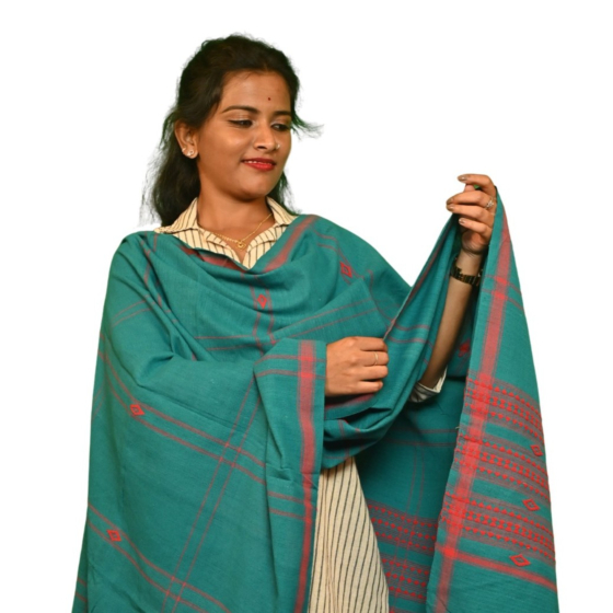 Authentic Kotpad Cotton Dupatta | Teal Green with Red Tribal Motifs | Handwoven Odisha
