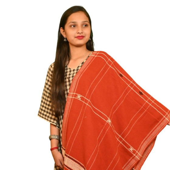 Authentic Kotpad Cotton Dupatta | Rust Red with Tribal Motifs | Handwoven Odisha
