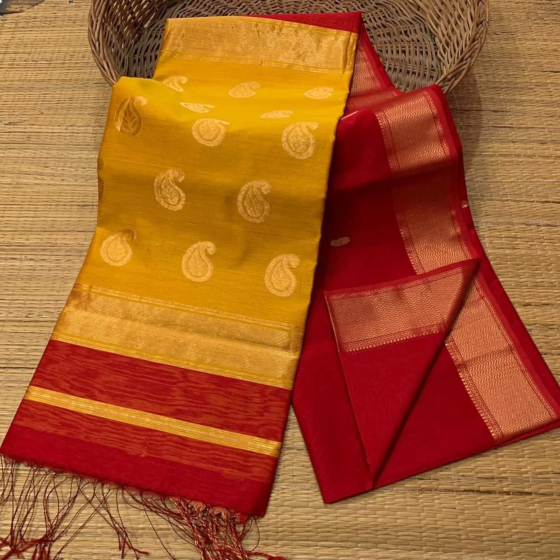 Cotton Saree with Blouse Piece | Red & Yellow