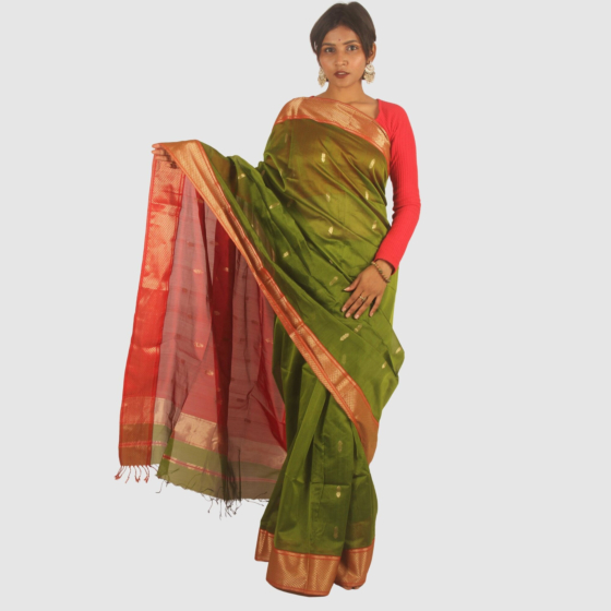 Olive Green Maheshwari Silk Saree with Diamond Border and Khat Buti