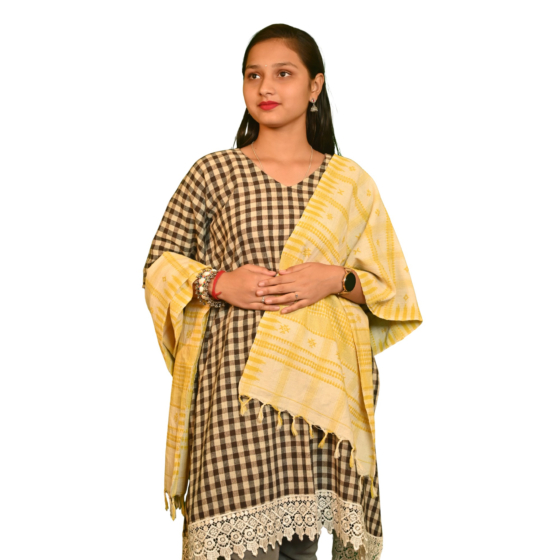 Kotpad Handwoven Cotton Dupatta Natural Yellow with Tribal Motifs | Odisha Handloom