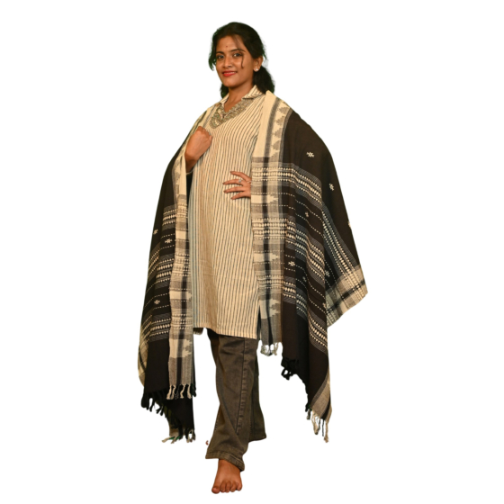 Authentic Kotpad Traditional Cotton Dupatta | Off-White with Maroon & Black Tribal Motifs & Woven Striped Borders | Handwoven by Koraput Tribal Artisans