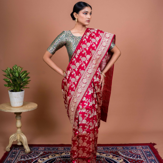 Anar Jaal Handwoven Banarasi Saree Radiant Red