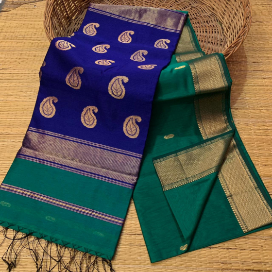Cotton Saree with Blouse Piece | Teal Green & Blue