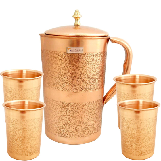 Prisha India Craft Embossed Design Jug 1500 ml  Pure Copper Glass Tumbler 300 ml