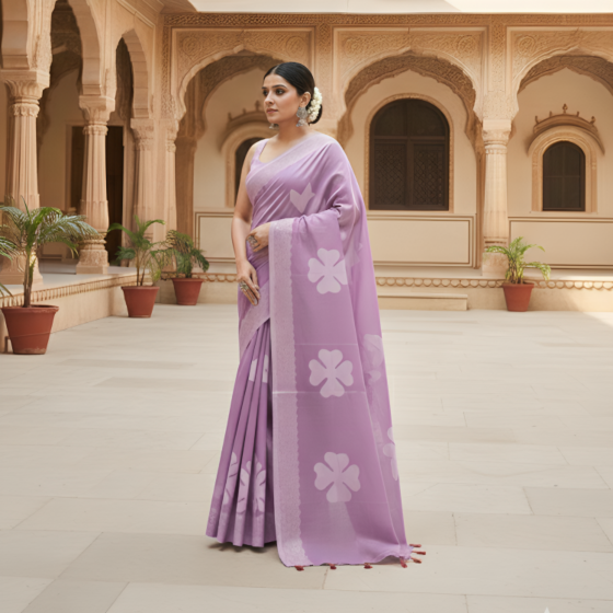 Pastel Bloom Floral Applique Cutwork Saree -Lavender