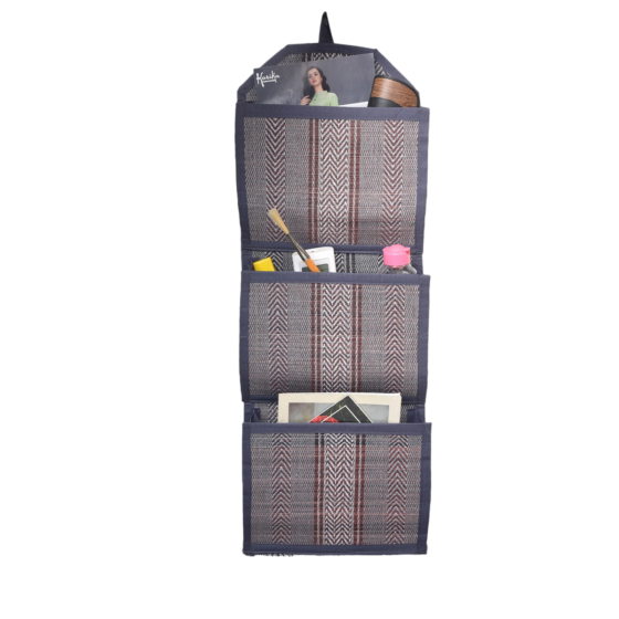 Handloom Cotton Wall Pocket - Decorative Grey Wall Organizer from West Bengal