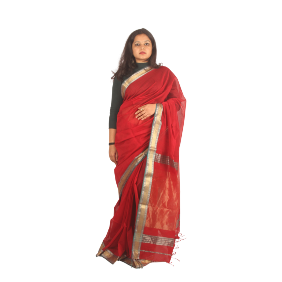 Royal Red Maheshwari Silk Cotton Handloom Saree with Gold and Silver Zari Borders