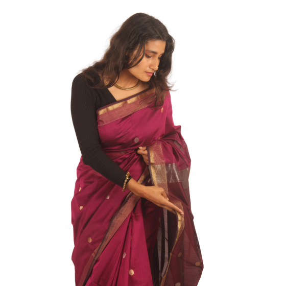 Wine Maroon Maheshwari Saree | Timeless Golden Elegance