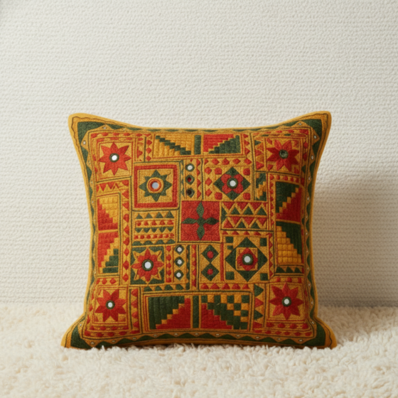 Mustard Yellow Embroidered Cushion Cover for Home