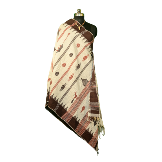 Authentic Kotpad Handloom Cotton Shawl | Off-White, Brown, Maroon & Black | Natural Aal Dyed Tribal Motif Dupatta | Handwoven by Koraput Artisans