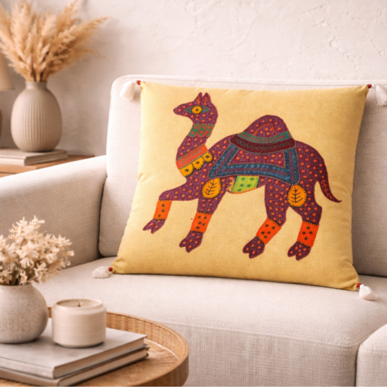 Desert Folk Yellow Camel Applique Cushion Cover