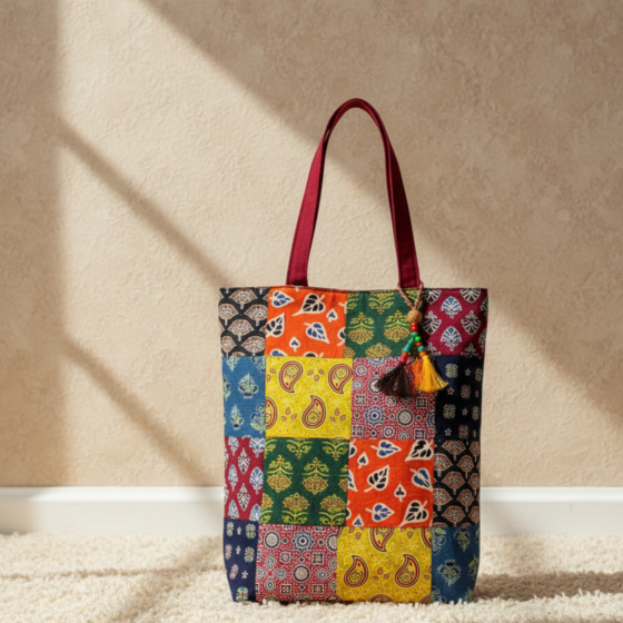 Heritage Hues Colorful Ajrakh Patchwork Tote Bag