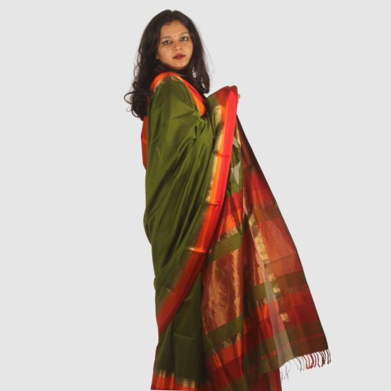 Graceful Olive Green Maheshwari Silk Cotton Handloom Saree with Vibrant Red and Gold Zari Border