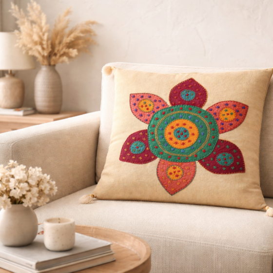 Earthy Bloom Beige Flower Applique Cushion Cover