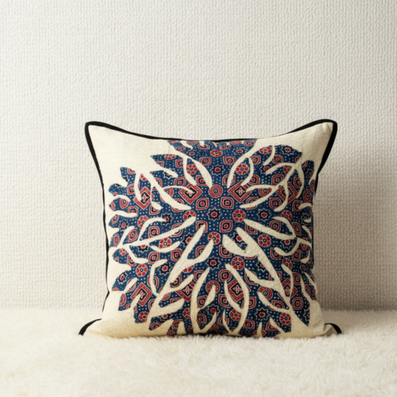 White Cushion Cover with Blue Applique Design