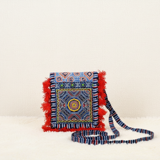 Blue Embroidered Mobile Sling Purse with Red Tassels | Daily Use Phone Pouch