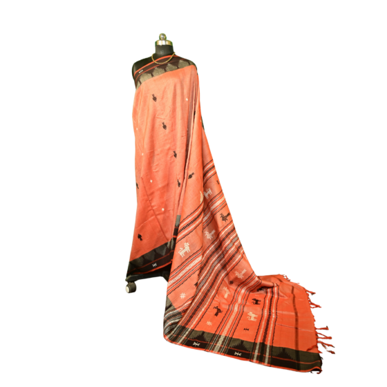Authentic Kotpad Tradiotional Tussar Silk Saree | Rust Red with Black Tribal Motifs & Striped Pallu | Handwoven by Koraput Tribal Artisans